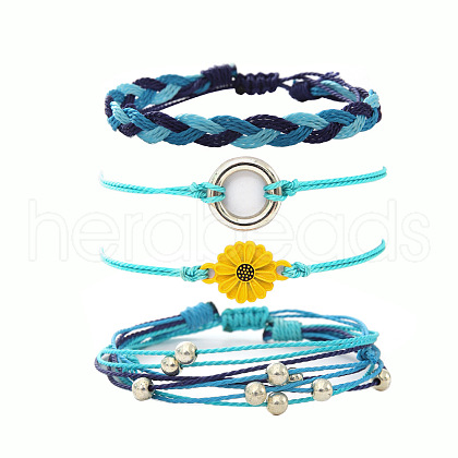 4Pcs Flower with Ring Alloy & Wax Cord Braided Bead Bracelets Set FS-WG10F8B-11-1