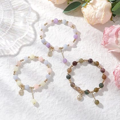3Pcs Natural Aquamarine & Rose Quartz & Amethyst & Indian Agate & White Jade Imitation Morganite Round Beaded Bracelets BJEW-JB11933-1