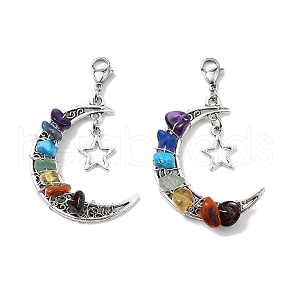 Wire Wrapped Chakra Synthetic & Natural Mixed Stone Chips & Alloy Moon/Star Pendant Decorations HJEW-JM01574-02-1