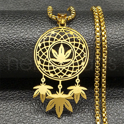 304 Stainless Steel Woven Web/Net with Leaf Pendant Necklaces NJEW-K283-07G-1