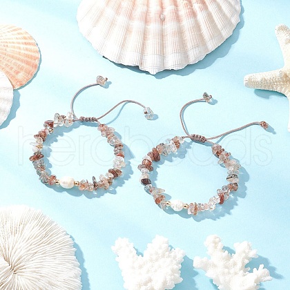 Adjustable Natural Black Gold Rutilated Quartz Chip Beads Braided Bead Bracelets BJEW-JB11913-1