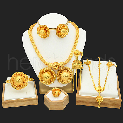 Flat Round Alloy Pendant Necklace & Stud Earring & Cuff Bangle & Ring & Hair Fork & Frontlet FS-WG4845C-04-1