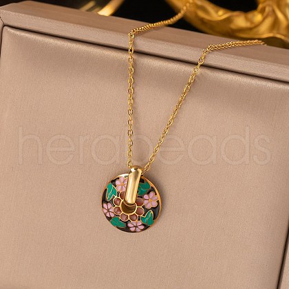 304 Stainless Steel Enamel Flat Round Necklaces for Women NJEW-Q028-01B-G-1