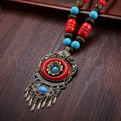 Ethnic Style Alloy & Wood & Resin Pendant Necklaces FS-WG5842A-01-1