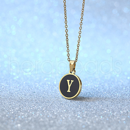 Alloy Black Enamel Flat Round with Letter Pendant Necklaces for Women WG4B845-25-1