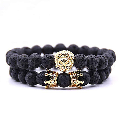 2Pcs Natural Lava Rock Round Beaded Stretch Bracelets CG7988-11-1
