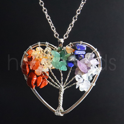Natural Stone Chip Tree Of Life Chakra Pendant Necklaces FS-WG982AE-05-1