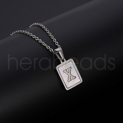 Rectangle Stainless Steel Pave Natural White Shell Pendant Necklaces FS-WG3D812-24-1