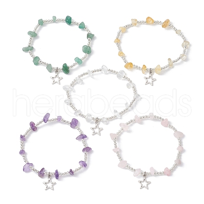 Natural Mixed Gemstone Chip & Iron Beaded Stretch Bracelets BJEW-JB09778-1