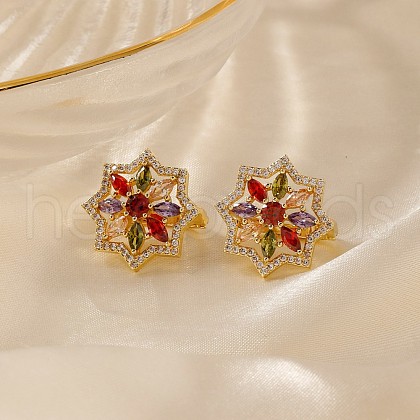 Elegant Brass Colorful Cubic Zirconia Flower Hoop Earrings YU9801-2-1