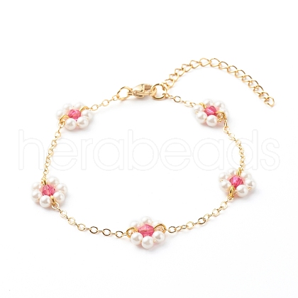 Shell Pearl & Acrylic Beads Flower Link Bracelets X1-BJEW-TA00003-04-1