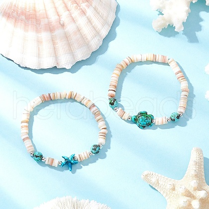 Sea Turtles and Starfish Natural Freshwater Shell Beads Bracelets BJEW-55.0-01-1