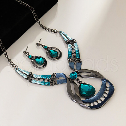 Teardrop Zinc Alloy Enamel & Glass Pendant Necklace & Stud Dangle Earring Sets FS-WG4650C-01-1