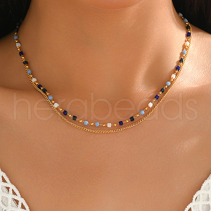 Brass & Cube Glass Link Chain Double Layer Necklaces for Women JE8042-1