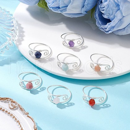 7Pcs Copper Wire Wrapped Gemstone Star Cut Round Bead Finger Rings for Women RJEW-JR00891-02-1