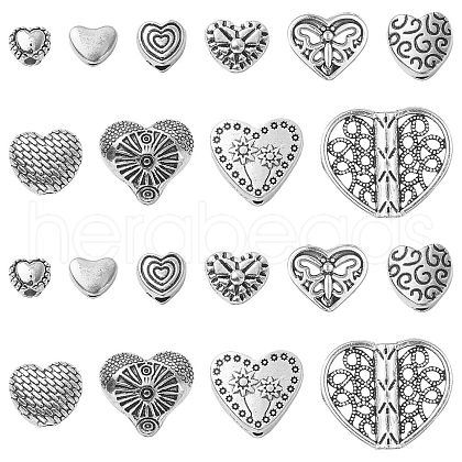 100Pcs 10 Styles Tibetan Style Carved Heart Zinc Alloy Beads TIBEB-CJ0001-18-1