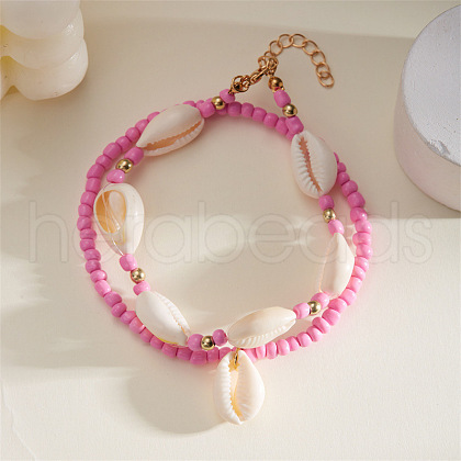 Bohemian Style Natural Cowrie Shell Charm & Glass Seed Beaded Stretch Double Layer Anklets for Women FS-WGC801A-05-1