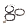 3Pcs 3 Style Natural Larvikite & Lava Rock Beaded Stretch Bracelets Set with Alloy Tree of Life BJEW-JB07887-4