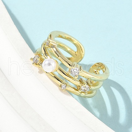 Brass Micro Pave Cubic Zirconia ABS Imitation Pearl Cuff Rings RJEW-D307-02G-B-1