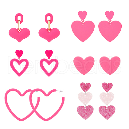ANATTASOUL 6 Pairs 6 Style Plastic & Acrylic Heart Dangle Stud Earrings EJEW-AN0003-58-1