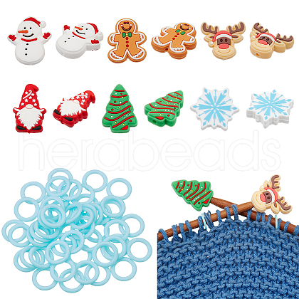 BENECREAT 62Pcs 7 Styles Christmas Theme Silicone Focal Beads with 50Pcs Plastic Knitting Stitch Marker Rings SIL-BC0001-07-1
