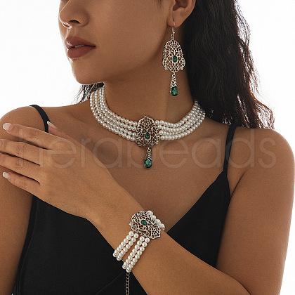 Teardrop Alloy & Glass Rhinestone Pendant Necklace & Stud Dangle Earring & Bracelet FS-WG89F11-05-1