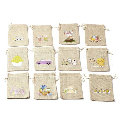 12Pcs 12 Styles Easter Egg Chick Rabbit Printed Rectangle Burlap Cloth Packing Pouches ABAG-U006-01-1
