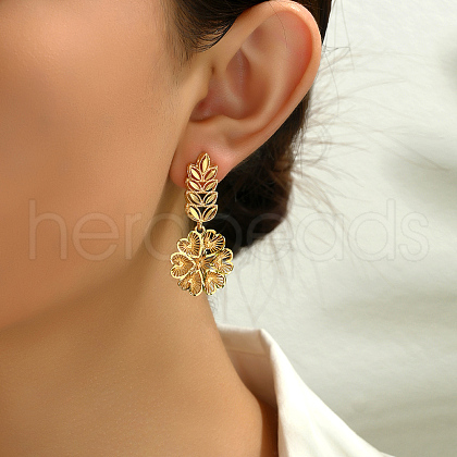 Vintage Vacation Style Leaf with Flower Brass Dangle Stud Earrings AN4292-1