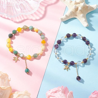 2Pcs Natural Striped Agate & Quartz Crystal & Amethyst Round Beaded Stretch Bracelets BJEW-JB11936-1