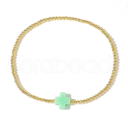 Cross Natural Gemstone & Brass Bead Stretch Bracelets for Women QE9707-7-1