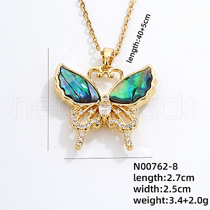 Fashionable Brass Pave Natural Paua Shell & Clear Cubic Zirconia Pendant Necklaces for Daily Parties QO9830-5-1