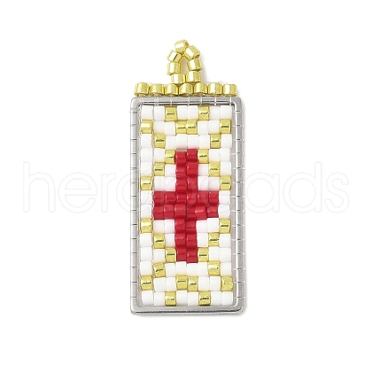 Handmade Glass Seed Beaded Rectangle with Cross Pendants PALLOY-MZ00616-02-1
