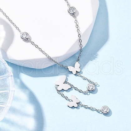 304 Stainless Steel Crystal Rhinestone Butterfly Lariat Necklaces NJEW-R026-12P-1
