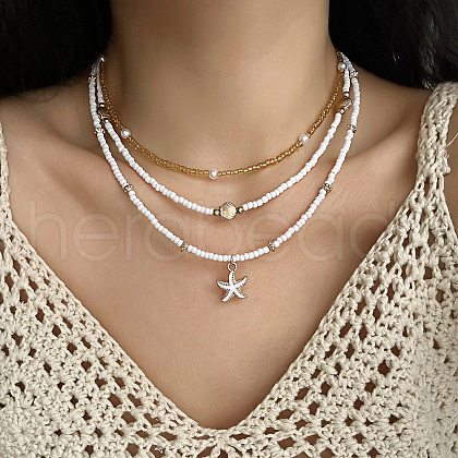 Summer Beach Alloy Starfish Pendant Glass Seed Beaded 3 Layer Necklaces for Women FS-WGF3BD7-01-1