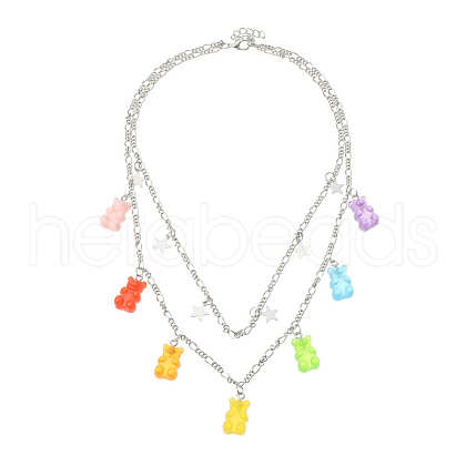 Alloy Star & Resin Bear Pendant Double Layer Necklaces for Women WG0729C-11-1