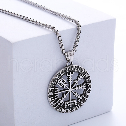 Nordic Viking Pirate Logo Stainless Steel Compass Pendant Necklace Jewelry FC0487-1