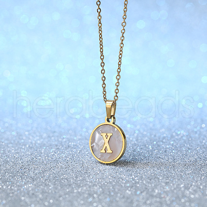 Flat Round Stainless Steel Pave Natural White Shell Initial Pendant Necklaces for Women FS-WG6FA45-24-1