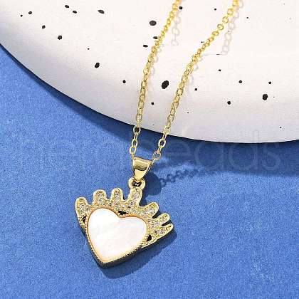 Brass Micro Pave Clear Cubic Zirconia & Natural White Shell Crown Heart Pendant Necklaces for Women NJEW-R027-02G-1
