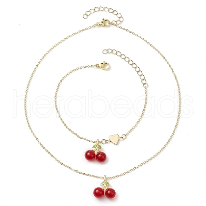 Cherry Lampwork Pendant Necklaces & Heart Link Bracelets Sets SJEW-JS01299-1