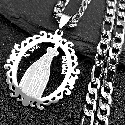 Ring with Virgin Mary 304 Stainless Steel Pendant Necklaces for Men Women NJEW-K283-23P-1