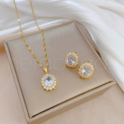 Brass Micro Pave Cubic Zirconia Pendant Necklace & Stud Earrings WG7AC39-68-1