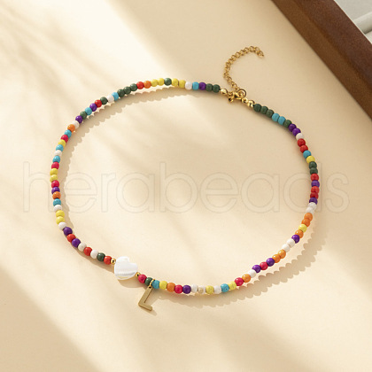 Heart Natural Shell & Colorful Glass Seed Round Beaded Necklaces FS-WGE10D5-12-1