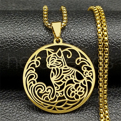 Ring with Cat Shape Pattern 304 Stainless Steel Pendant Necklaces for Men Women NJEW-K283-13G-1