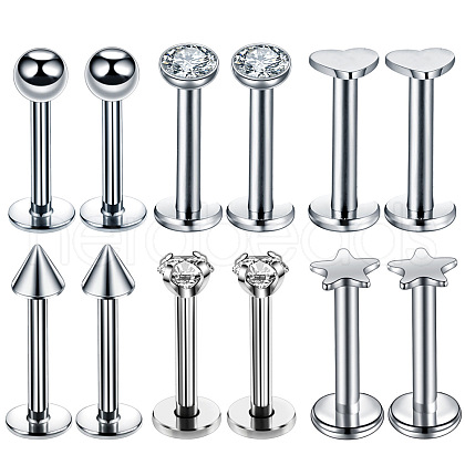 6 Styles Stainless Steel Clear Cubic Zirconia Internally Threaded Labrets WG43458-01-1