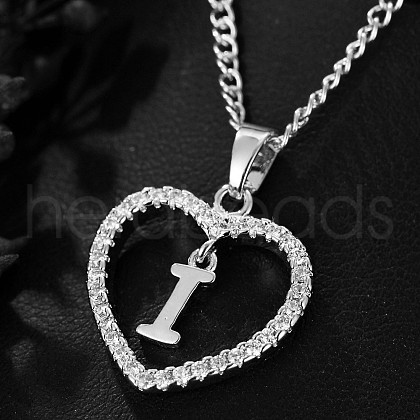 Brass Micro Pave Clear Cubic Zirconia Hollow Heart with Initial Pendant Necklaces WG4069A-14-1