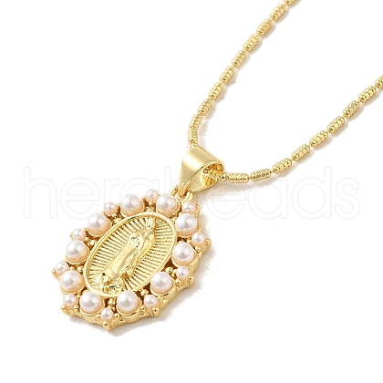 Oval with Virgin Mary Pattern Brass & Resin Pearl Pendant Necklaces for Women NJEW-G082-03B-G-1