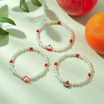3Pcs Summer Fruit Theme ABS Plastic Imitation Round Pearl Beaded Stretch Bracelets for Women BJEW-JB11734-1