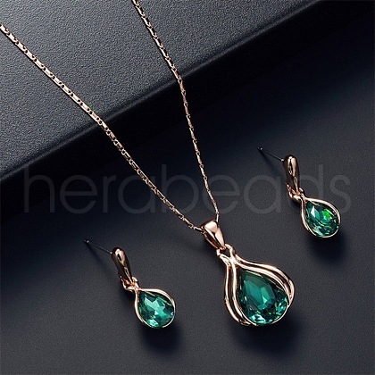Teardrop Alloy Glass Pendant Necklaces & Stud Dangle Earrings Sets for Women WGD12E0-01-1