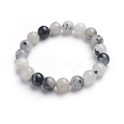 Natural Tourmalinated Quartz/Black Rutilated Quartz Stretch Bracelets BJEW-E373-10mm-07-1
