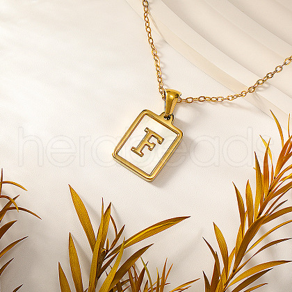 Rectangle Stainless Steel Pave Natural White Shell Initial Pendant Necklaces for Women FS-WGB5EDA-06-1